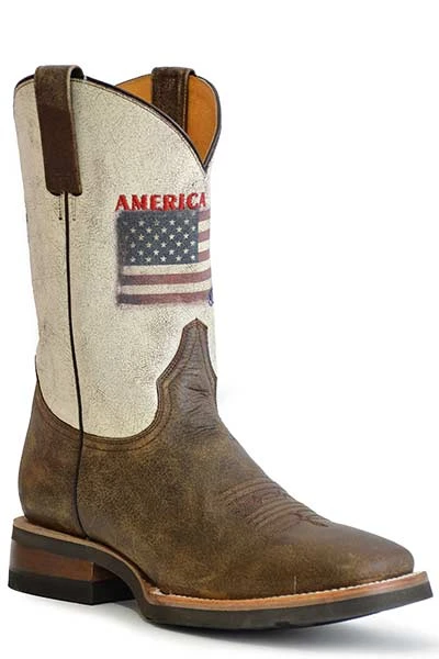 'Roper' Men's 11" America Strong Western Square Toe - Vintage Brown / Vintage White 'Roper' Men's 11" America Strong Western Square Toe - Vintage Brown / Vintage White -Outdoor Apparel Shop