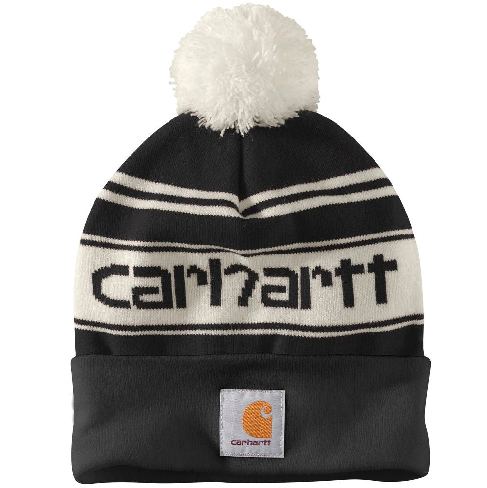 'Carhartt' Adult Knit Pom Pom Cuffed Logo Beanie - Black / White 'Carhartt' Adult Knit Pom Pom Cuffed Logo Beanie - Black / White -Outdoor Apparel Shop